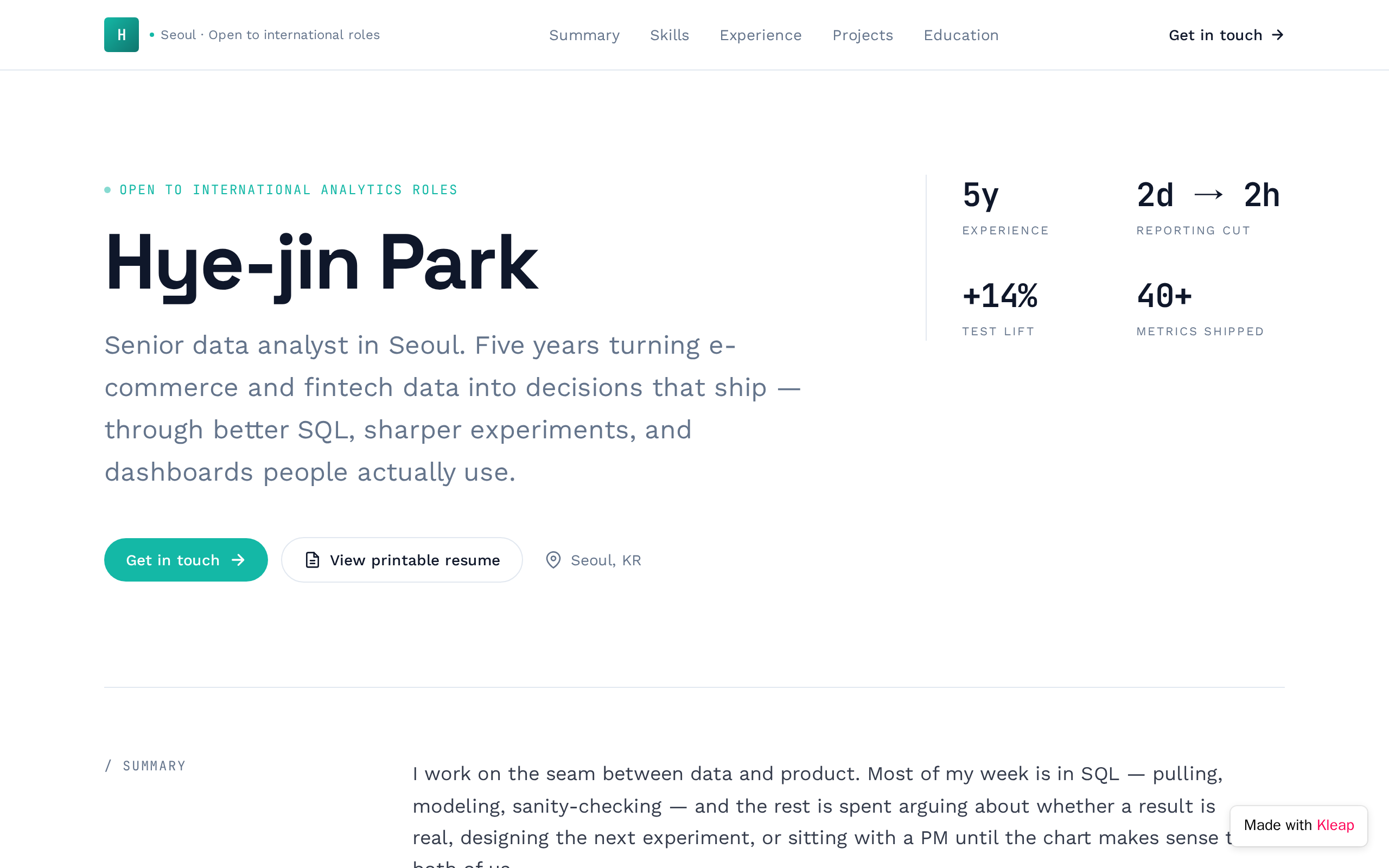 Hye-jin Park Resume website example