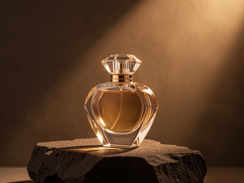 زجاجة عطر فاخرة بإضاءة دافئة
