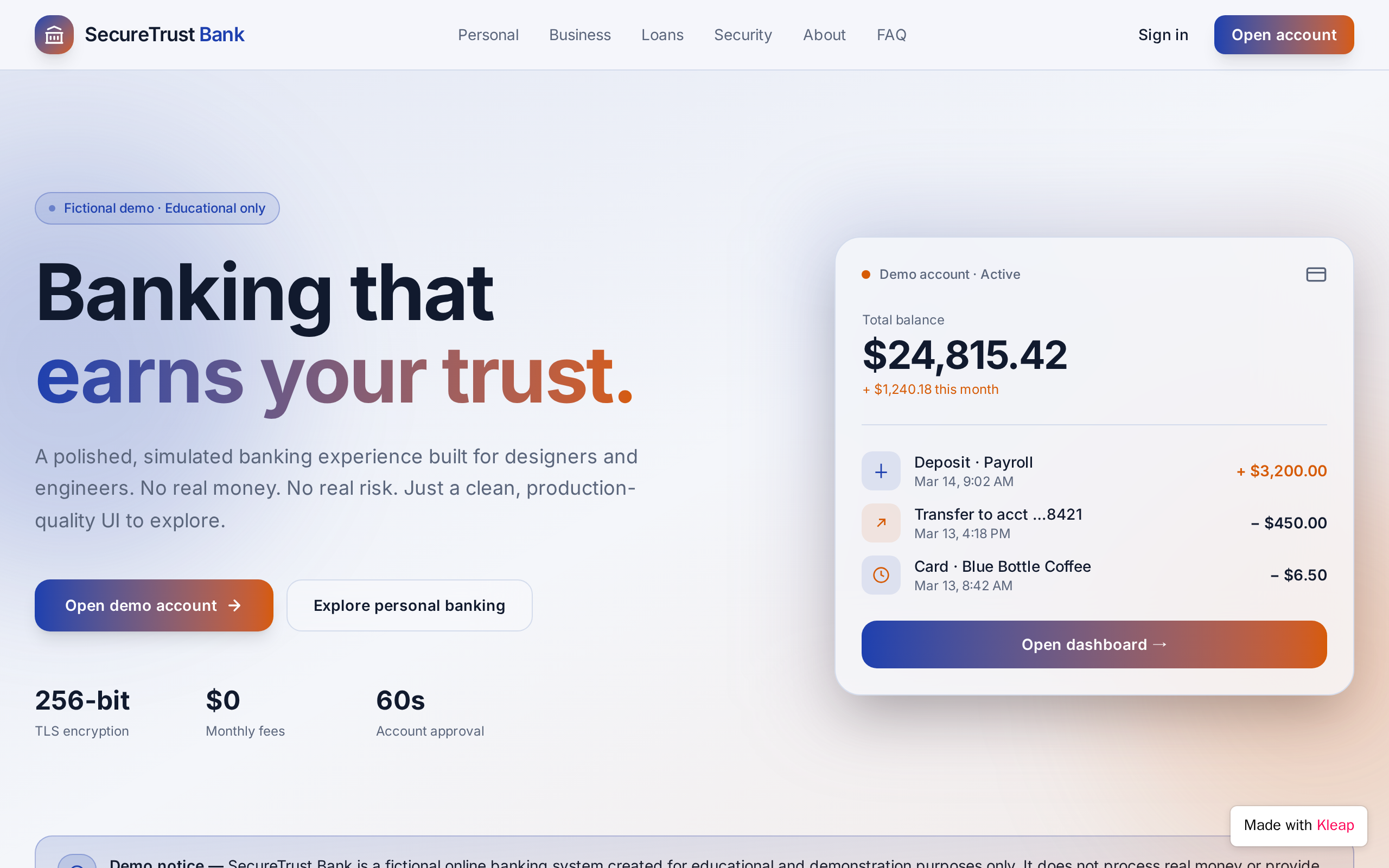 SecureTrust Bank — built with Kleap