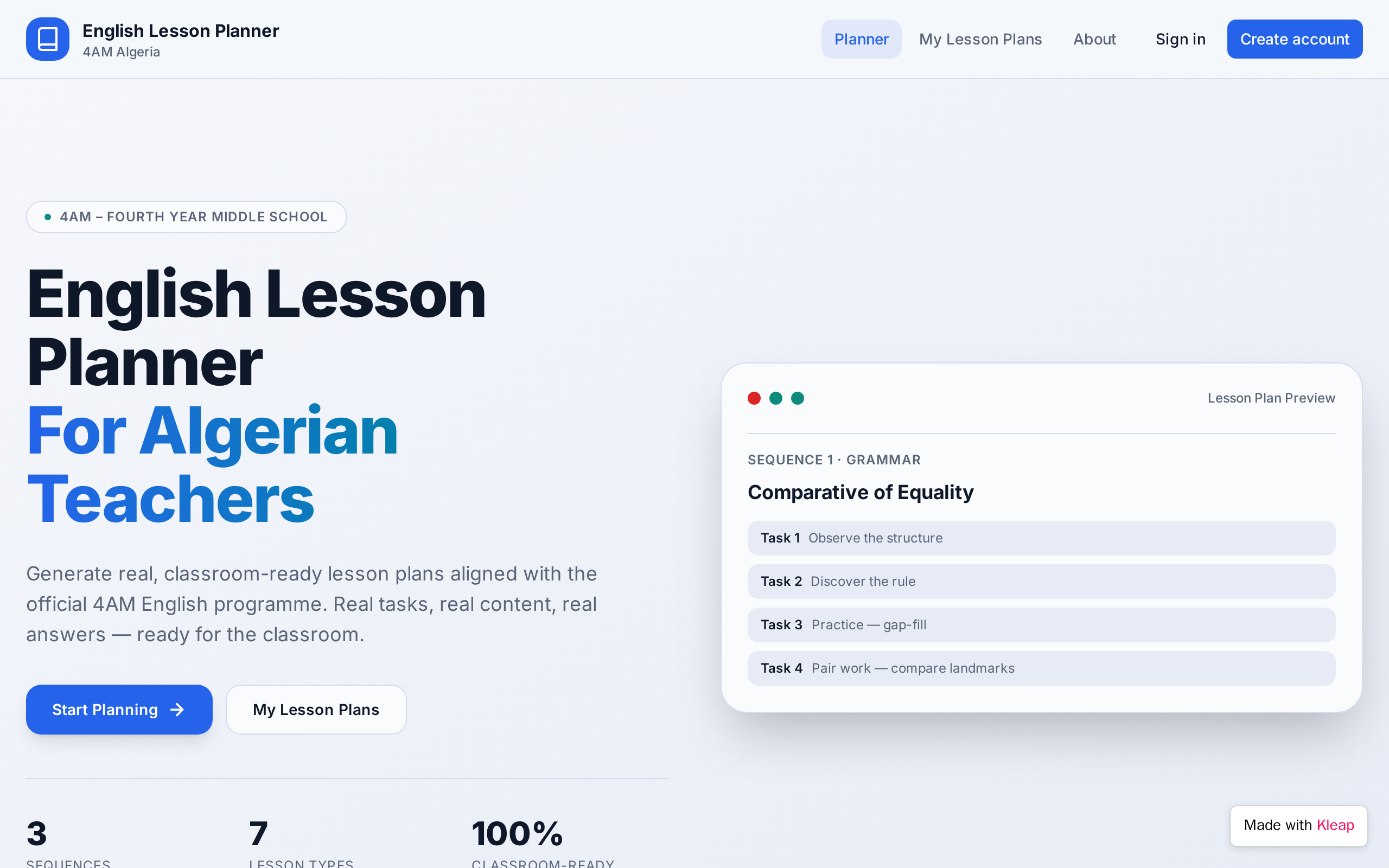 English Lesson Planner website example