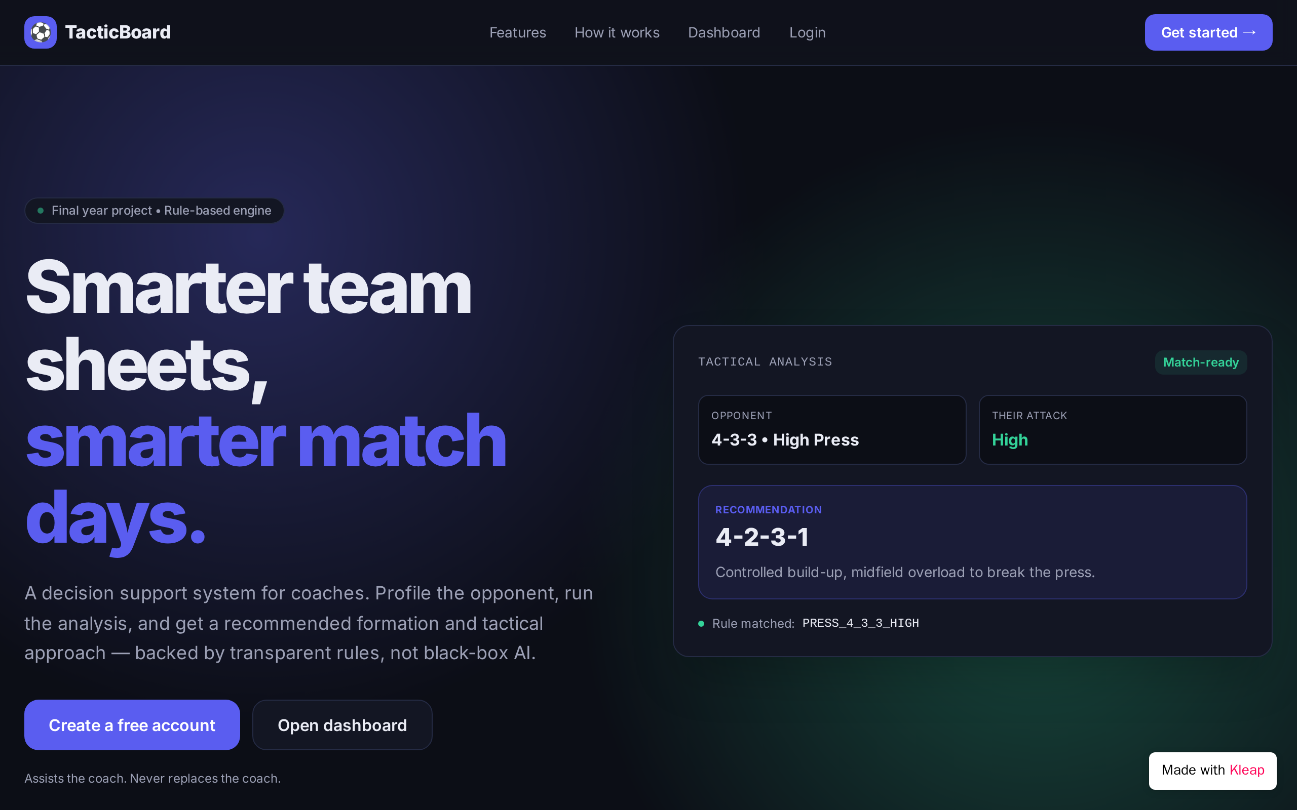 Web Based Football Tactical Decision — built with Kleap