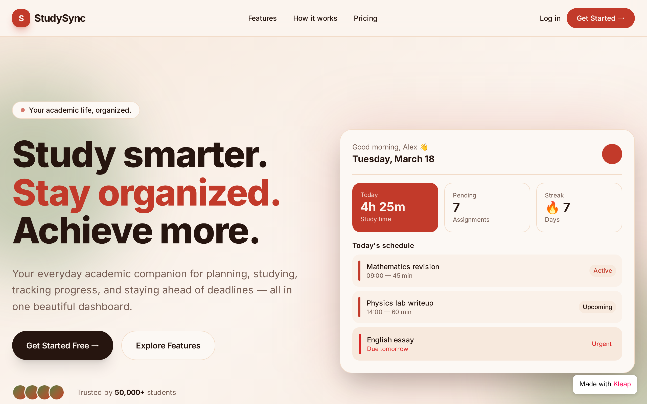 One Student Productivity Hub website example