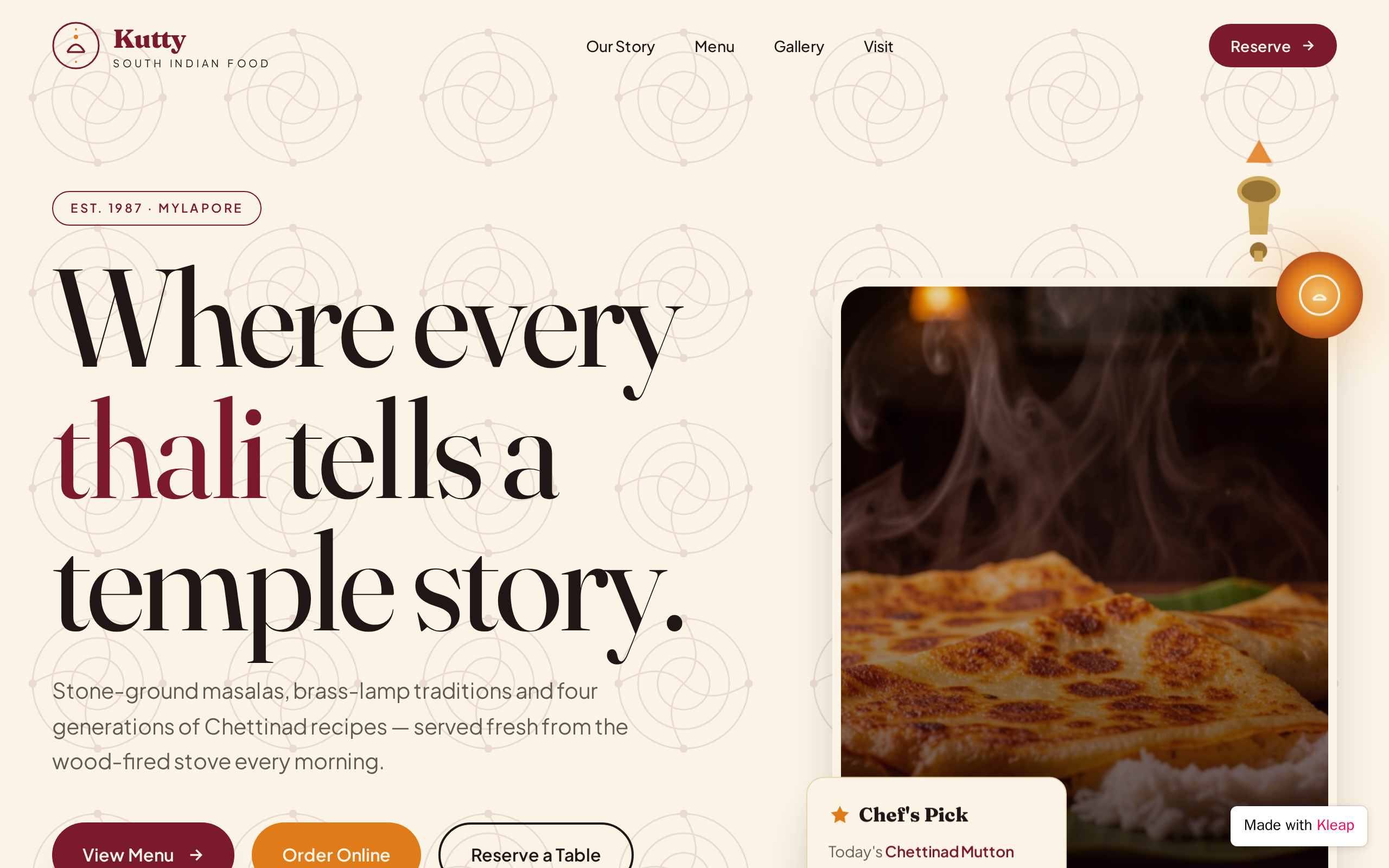 Kutty South Indian Food website example
